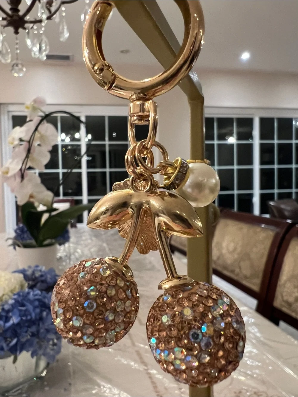 Gold Crystal Cherry Bag Charm Keychain | Rhinestone Purse Charm